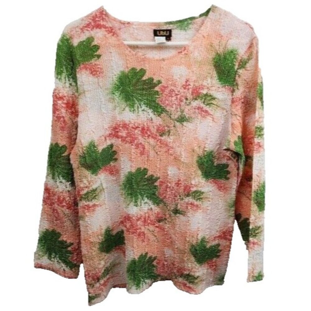 UbU‎ Womens Wearable Art Top XL Peach Green Leaf Print Long Sleeve Crinkled